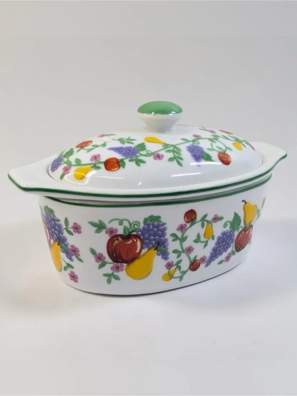 French Covered Butter Bell Dish White Multicolor Fruit 3 Piece Cook St Vintage